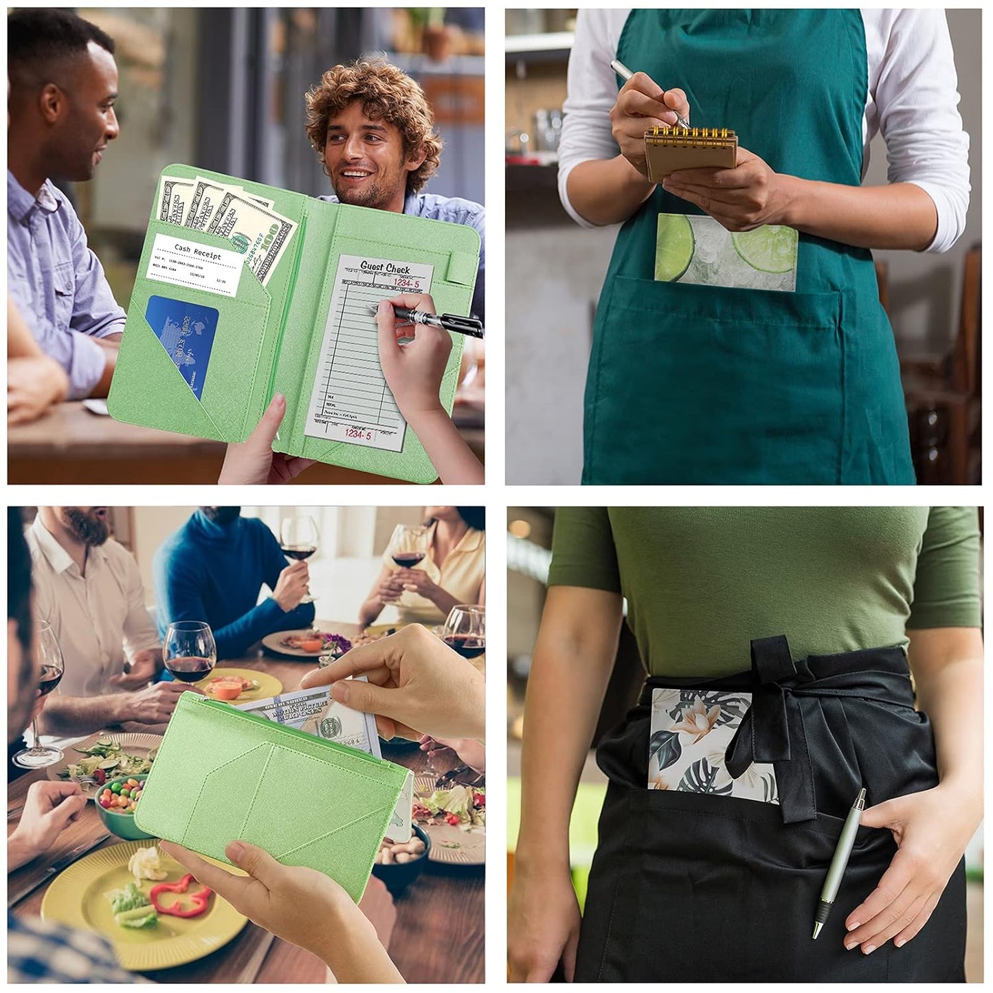 Server Book, PU Leather Server Books for Waitress, Waitress Book with 1 Zipper Pocket, Waiter Wallet with 9 Pockets and 1 Pen Holder, Server Note Pad Checkbook Fit Server Apron- Dinosaurs