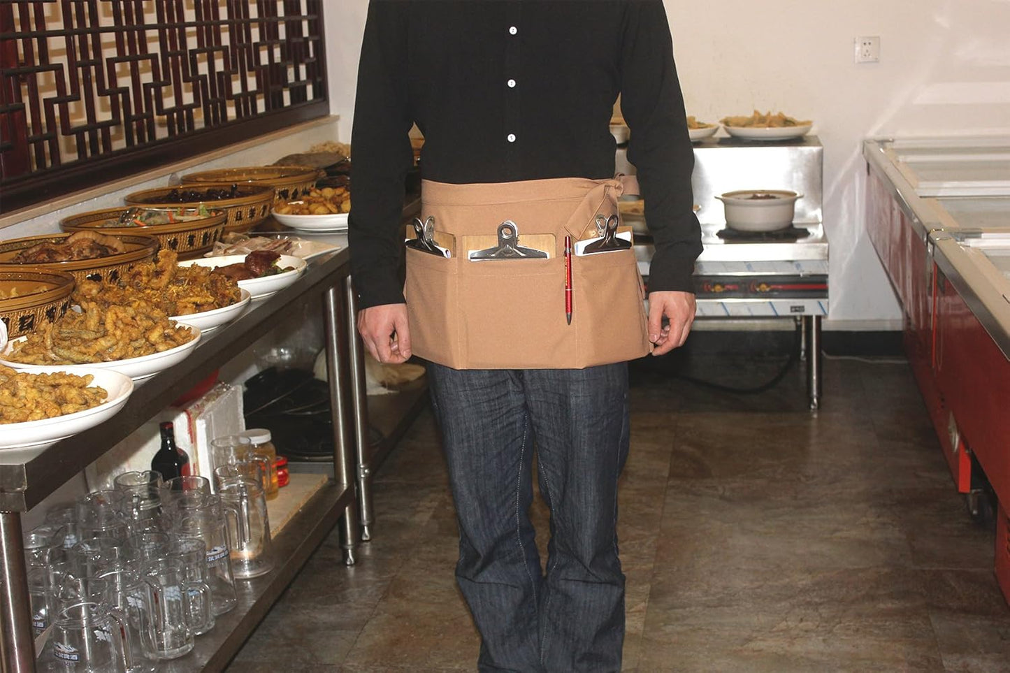 Resist Water 3 Big Pockets Waist Server Apron Kitchen Restaurant Unisex Half Aprons