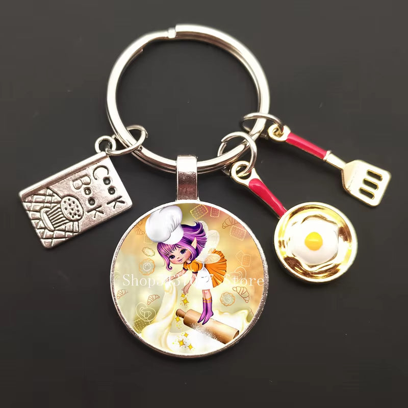 Cartoon Chef Glass Keychain Egg with Pot Keychain Chef Book Key Ring Chef Chef Baker Gift Chef Jewelry