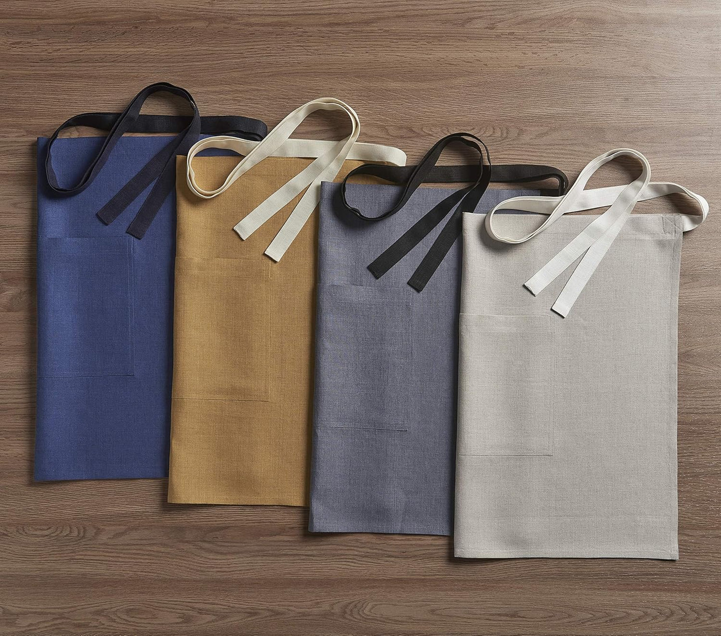 Linen Bistro Server Apron - Blue, Extra Long Ties (40 Inches) with Pockets - 100% Pure Linen Half Apron for Men and Women - Handcrafted from European Flax