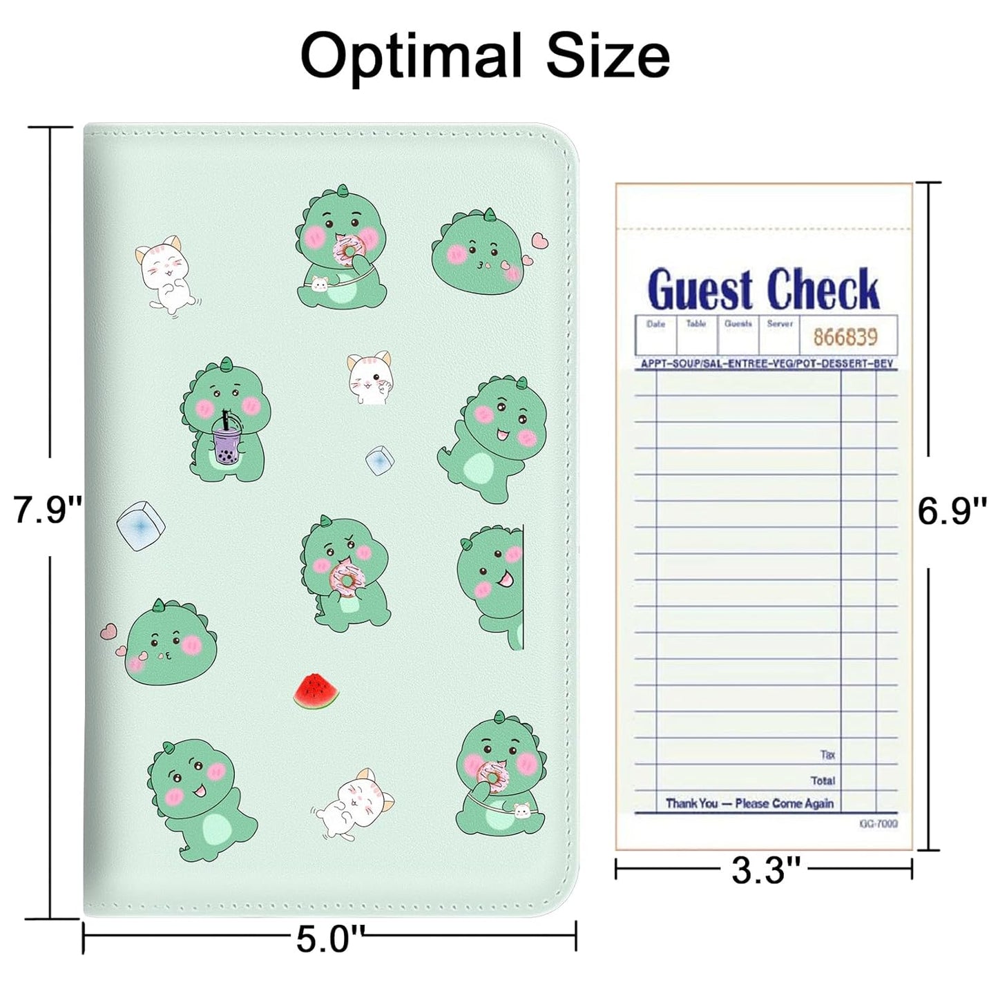Server Book, PU Leather Server Books for Waitress, Waitress Book with 1 Zipper Pocket, Waiter Wallet with 9 Pockets and 1 Pen Holder, Server Note Pad Checkbook Fit Server Apron- Dinosaurs