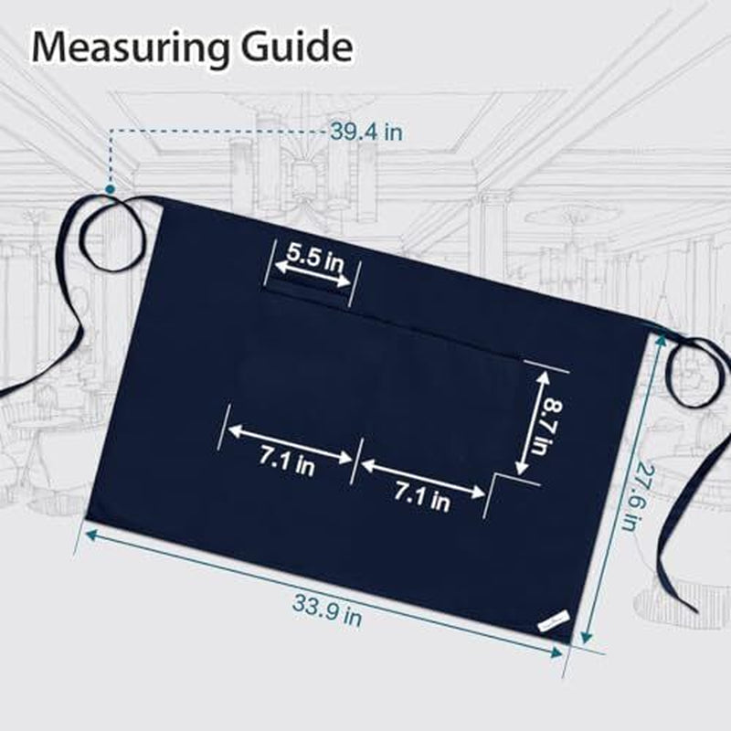 Long Server Apron Black with 3 Pockets Bistro 1 Pack(34X28 Inches) Navy Blue