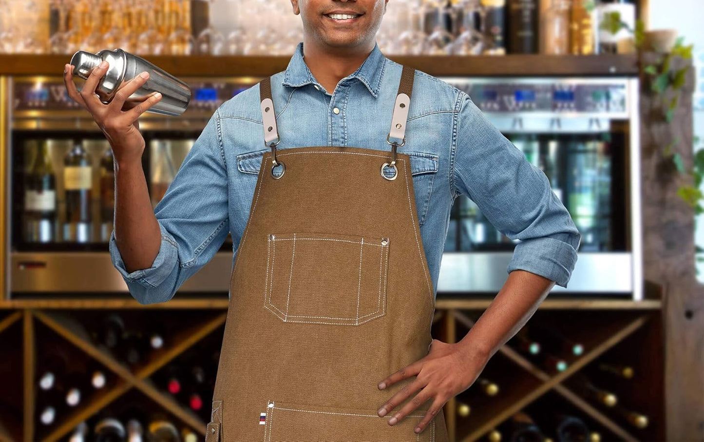 Chef Aprons, Kitchen Cooking Grilling Apron,Cotton Canvas Apron for Women and Men, Cross Back Apron and Large Pockets, Artist Apron,Birthday Gift, Adjustable M to XXL, Khaki