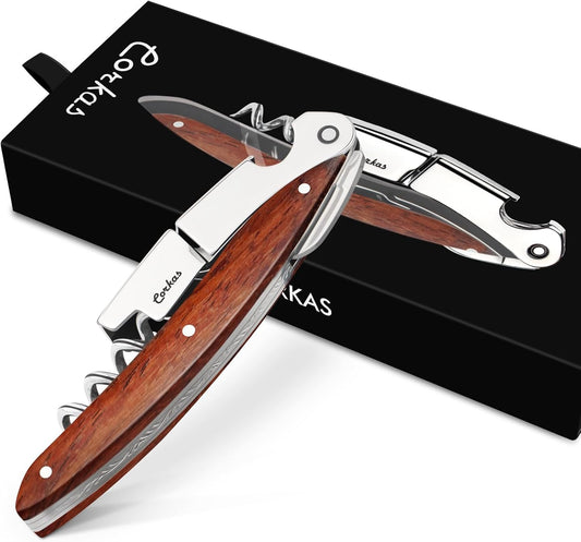Wine Opener, Porfessional Bottle Opener, All-In-One Corkscrew with Premium Rosewood Handle & Foil Cutter, Wine Bottle Opener & Wine Key for Sommeliers, Waiters, Bartenders & Home