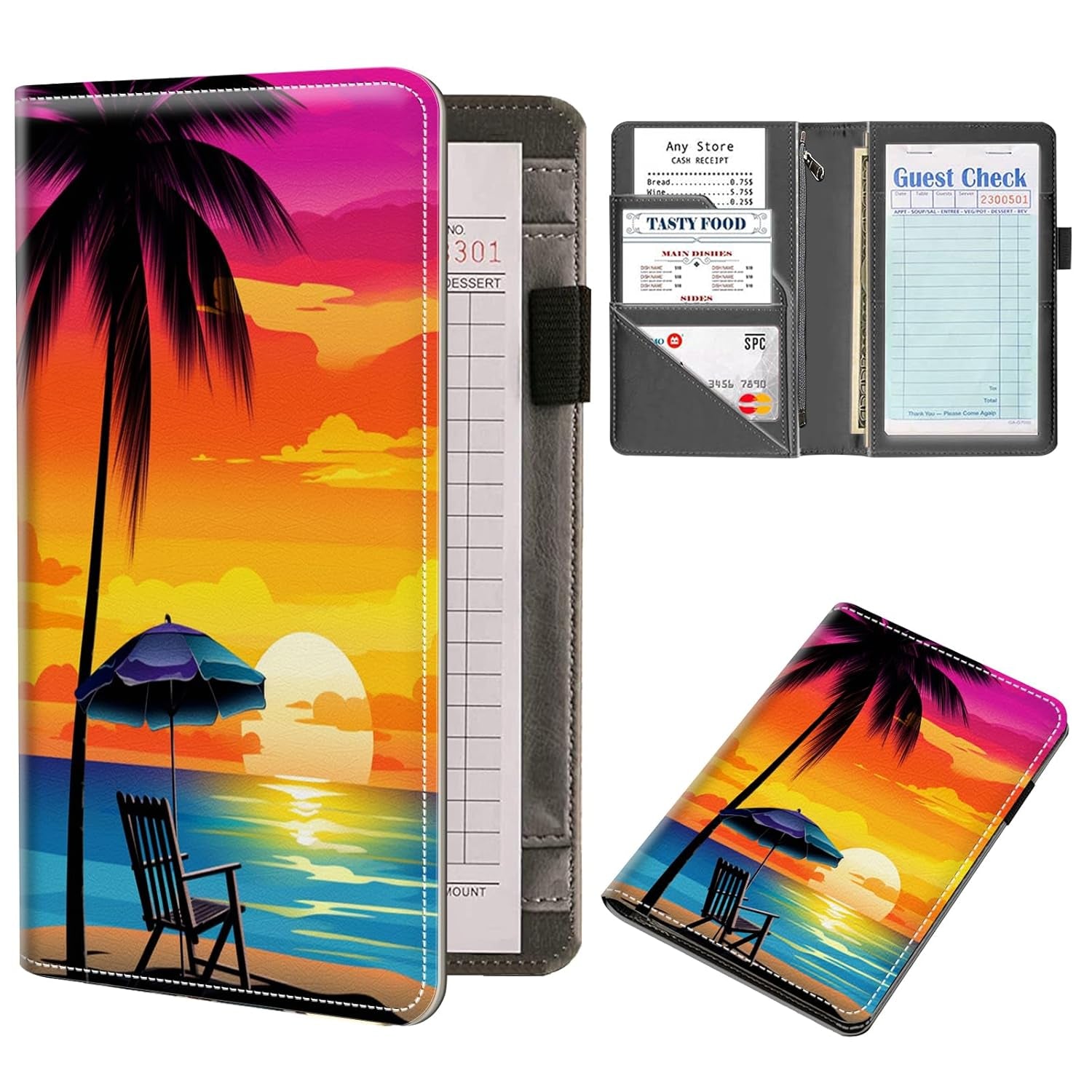 Server Book Organizer, Beach Palm Trees Server Books for Waitress, PU Leather Waiter Book Organizer with Zipper Pocket Guest Checks Books Holder for Restaurant Fit Server Apron