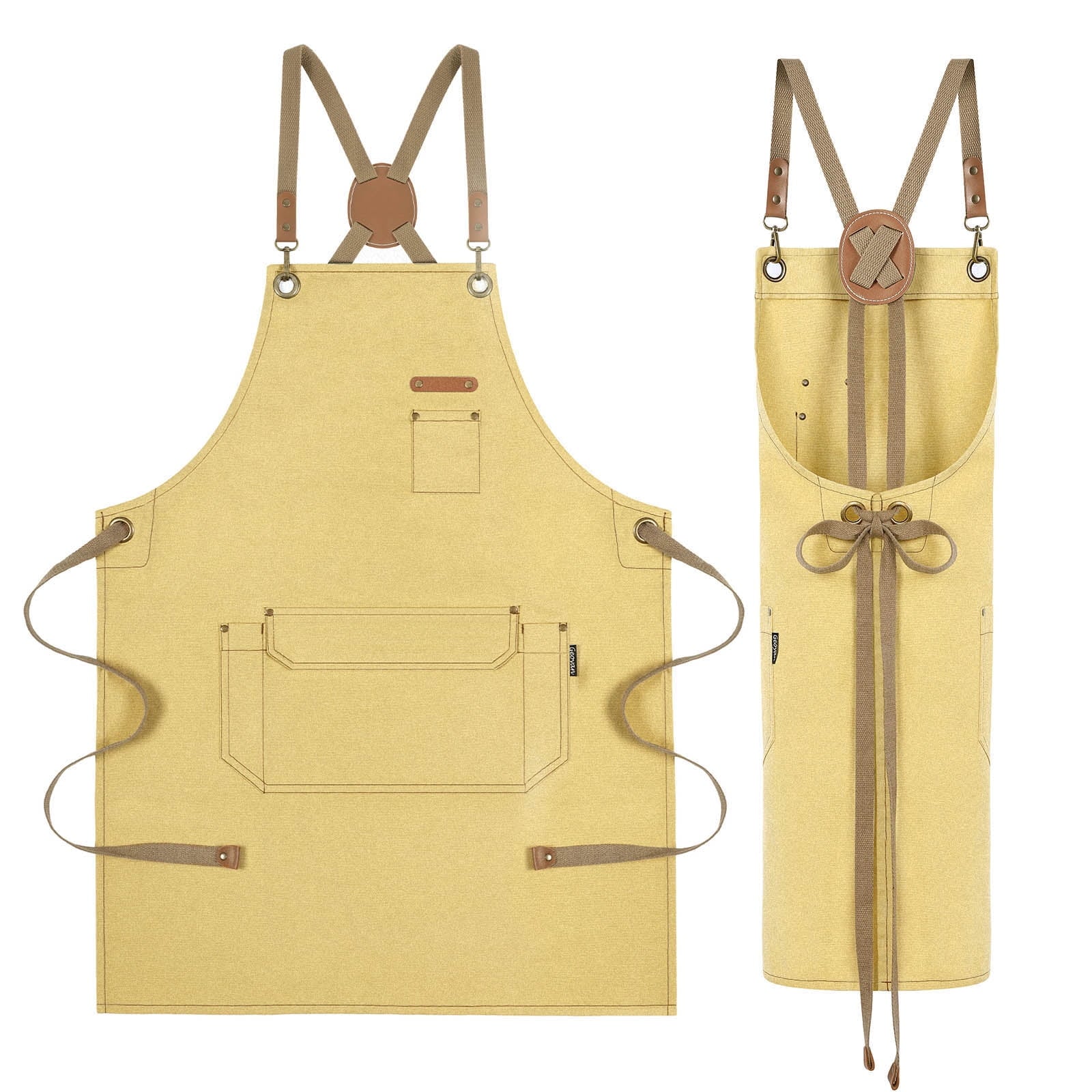 Canvas Work Apron for Artist Bartender Barista Carpenter Gardener Hairstylist, Cross Back Strap Adjustable for Men Women Apron with Large Pocket, Chef Apron for Kitchen Cooking Baking Grilling -Yellow