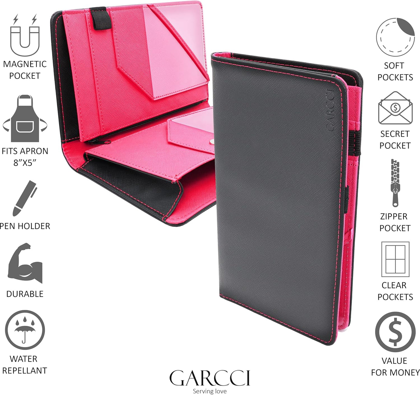 Server Book Pro, 2Nd Gen, with Expandable Pocket Double Magnet & Zipper Expandable Pocket (8.5 in X 5 In, Large Storage Capacity) - Black/Magenta