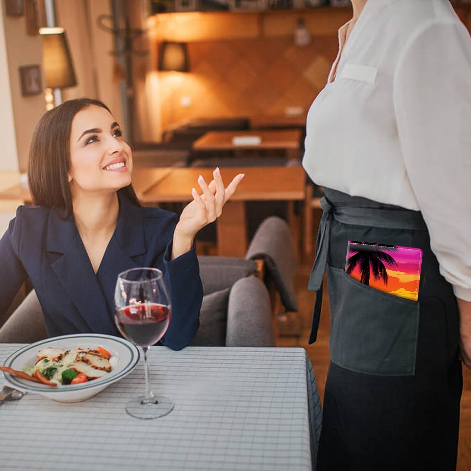 Server Book Organizer, Beach Palm Trees Server Books for Waitress, PU Leather Waiter Book Organizer with Zipper Pocket Guest Checks Books Holder for Restaurant Fit Server Apron