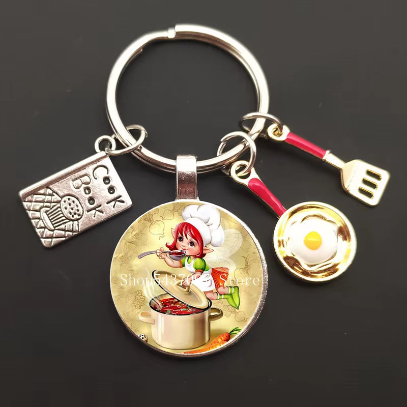 Cartoon Chef Glass Keychain Egg with Pot Keychain Chef Book Key Ring Chef Chef Baker Gift Chef Jewelry