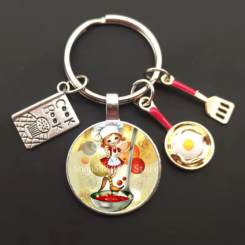Cartoon Chef Glass Keychain Egg with Pot Keychain Chef Book Key Ring Chef Chef Baker Gift Chef Jewelry