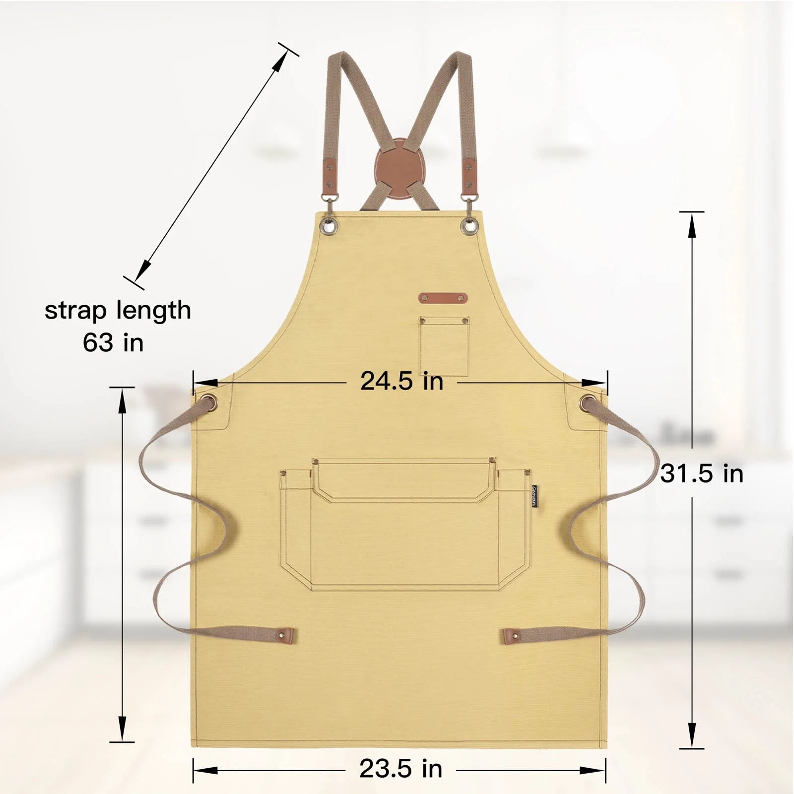 Canvas Work Apron for Artist Bartender Barista Carpenter Gardener Hairstylist, Cross Back Strap Adjustable for Men Women Apron with Large Pocket, Chef Apron for Kitchen Cooking Baking Grilling -Yellow