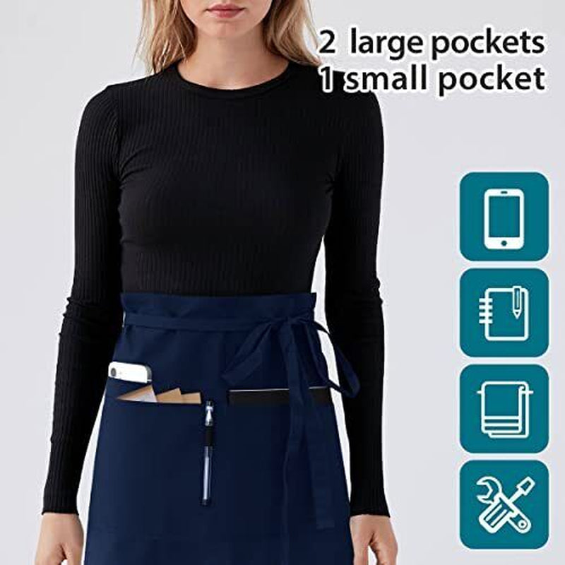 Long Server Apron Black with 3 Pockets Bistro 1 Pack(34X28 Inches) Navy Blue