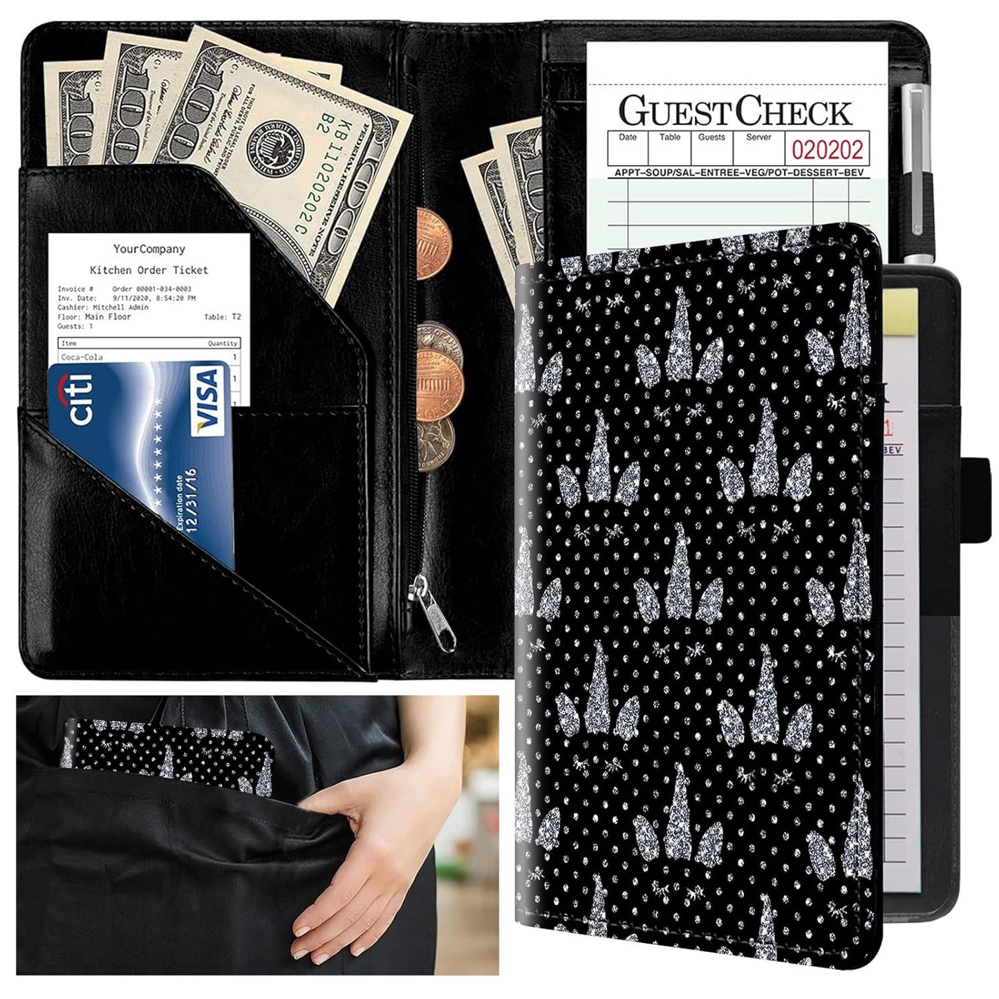 Server Books for Waitress with Zipper Pocket - Leather Waiter Waitress Book Server Restaurant Guest Check Holder Presenter with Money Organizer Wallet Fit Serving Aprons, Glitter Dots