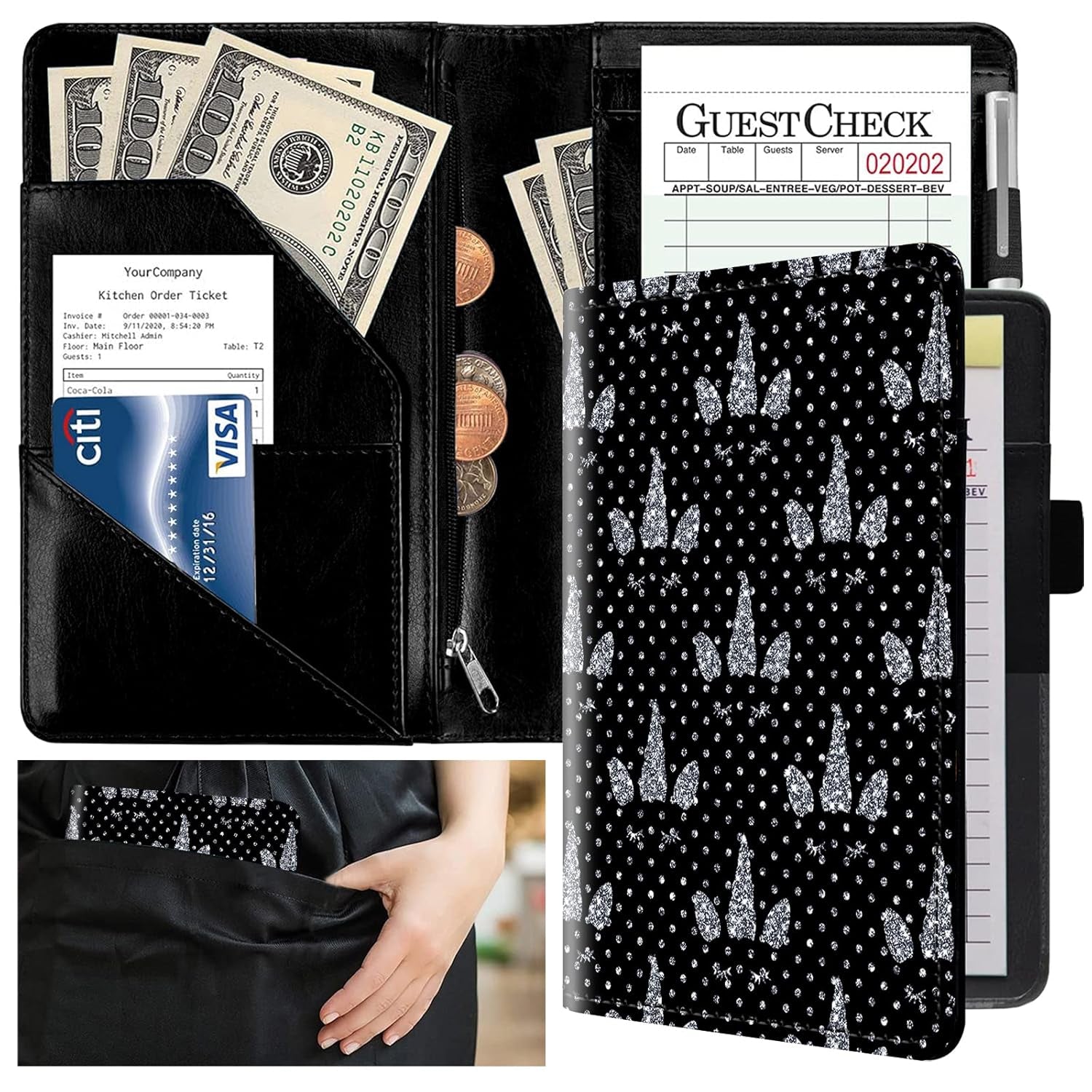 Server Books for Waitress with Zipper Pocket - Leather Waiter Waitress Book Server Restaurant Guest Check Holder Presenter with Money Organizer Wallet Fit Serving Aprons, Glitter Dots