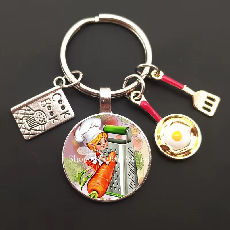 Cartoon Chef Glass Keychain Egg with Pot Keychain Chef Book Key Ring Chef Chef Baker Gift Chef Jewelry