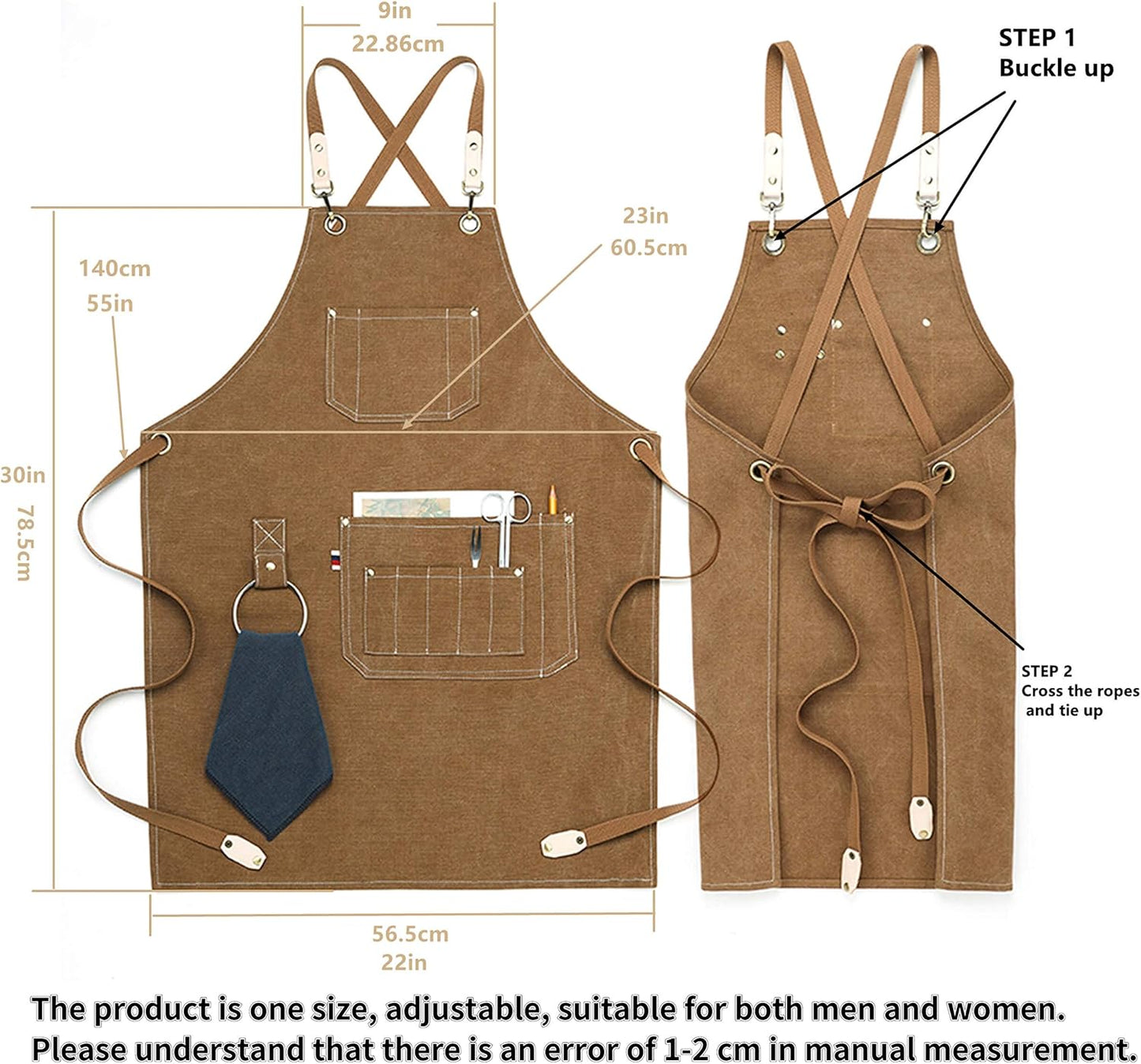 Chef Aprons, Kitchen Cooking Grilling Apron,Cotton Canvas Apron for Women and Men, Cross Back Apron and Large Pockets, Artist Apron,Birthday Gift, Adjustable M to XXL, Khaki
