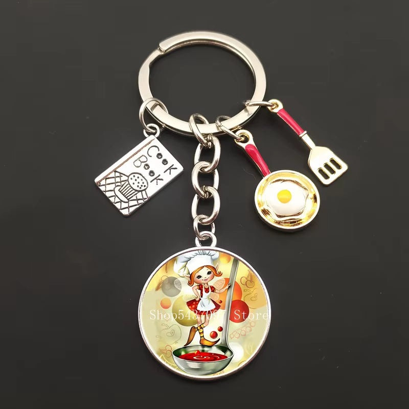 Cartoon Chef Glass Keychain Egg with Pot Keychain Chef Book Key Ring Chef Chef Baker Gift Chef Jewelry