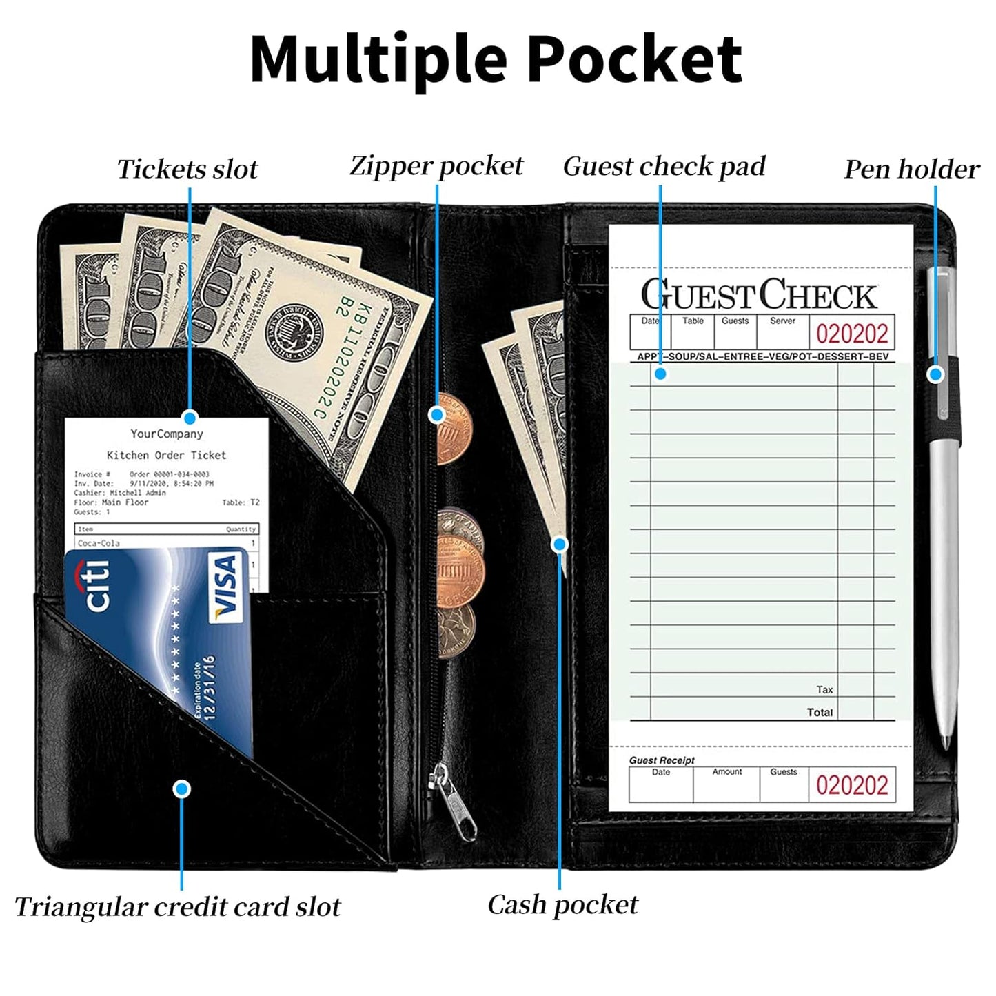 Server Books for Waitress with Zipper Pocket - Leather Waiter Waitress Book Server Restaurant Guest Check Holder Presenter with Money Organizer Wallet Fit Serving Aprons, Glitter Dots