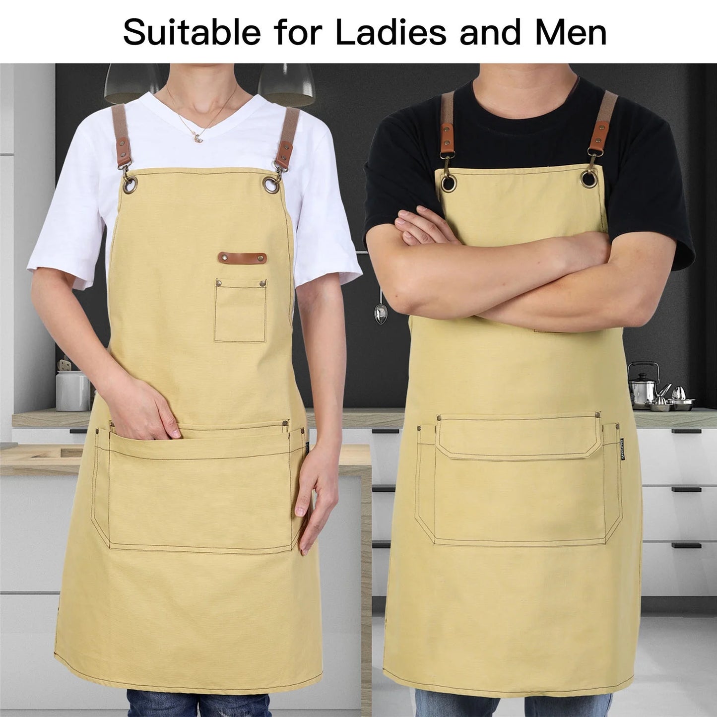 Canvas Work Apron for Artist Bartender Barista Carpenter Gardener Hairstylist, Cross Back Strap Adjustable for Men Women Apron with Large Pocket, Chef Apron for Kitchen Cooking Baking Grilling -Yellow