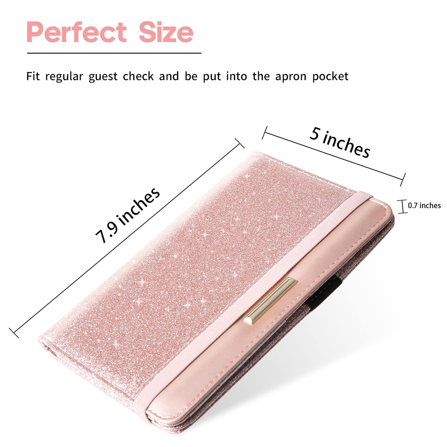 Server Books for Waitress - Leather Waitress Book Server Wallet with Elastic Bandage Closure - Organizer with Money Pocket Fit Server Apron - Sparkly Serving Accessory-Glitter Rose Gold