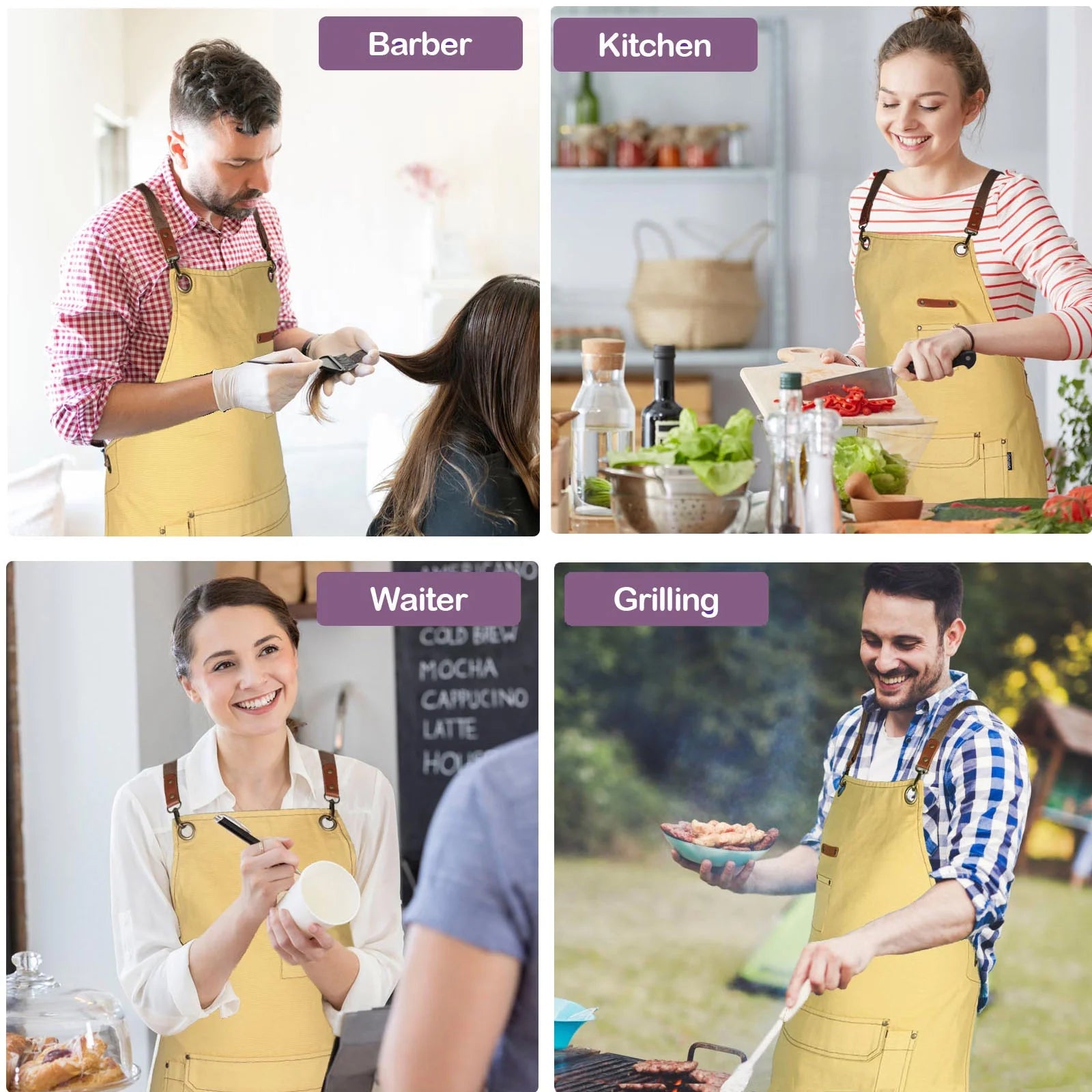 Canvas Work Apron for Artist Bartender Barista Carpenter Gardener Hairstylist, Cross Back Strap Adjustable for Men Women Apron with Large Pocket, Chef Apron for Kitchen Cooking Baking Grilling -Yellow