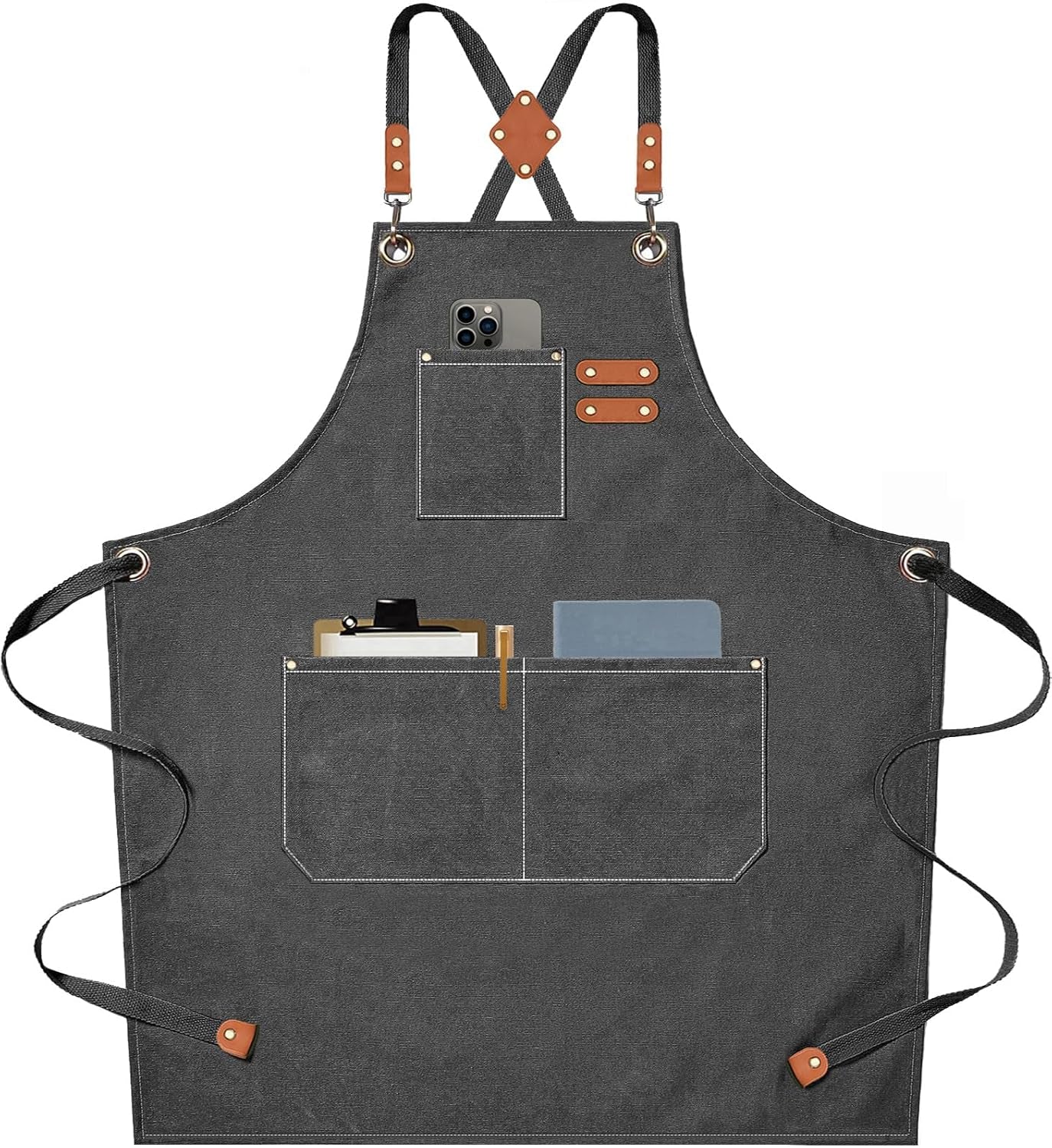 Chef Aprons for Men Women with Large Pockets, Cotton Canvas Cross Back Heavy Duty Adjustable Work Apron, Size M to Xxl(Grey)