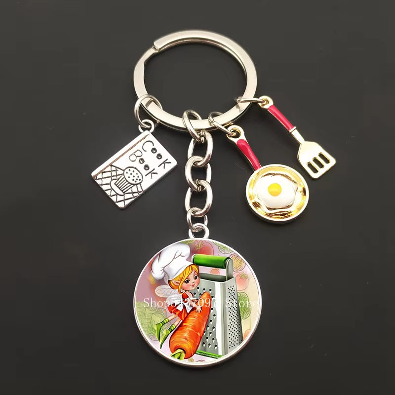 Cartoon Chef Glass Keychain Egg with Pot Keychain Chef Book Key Ring Chef Chef Baker Gift Chef Jewelry