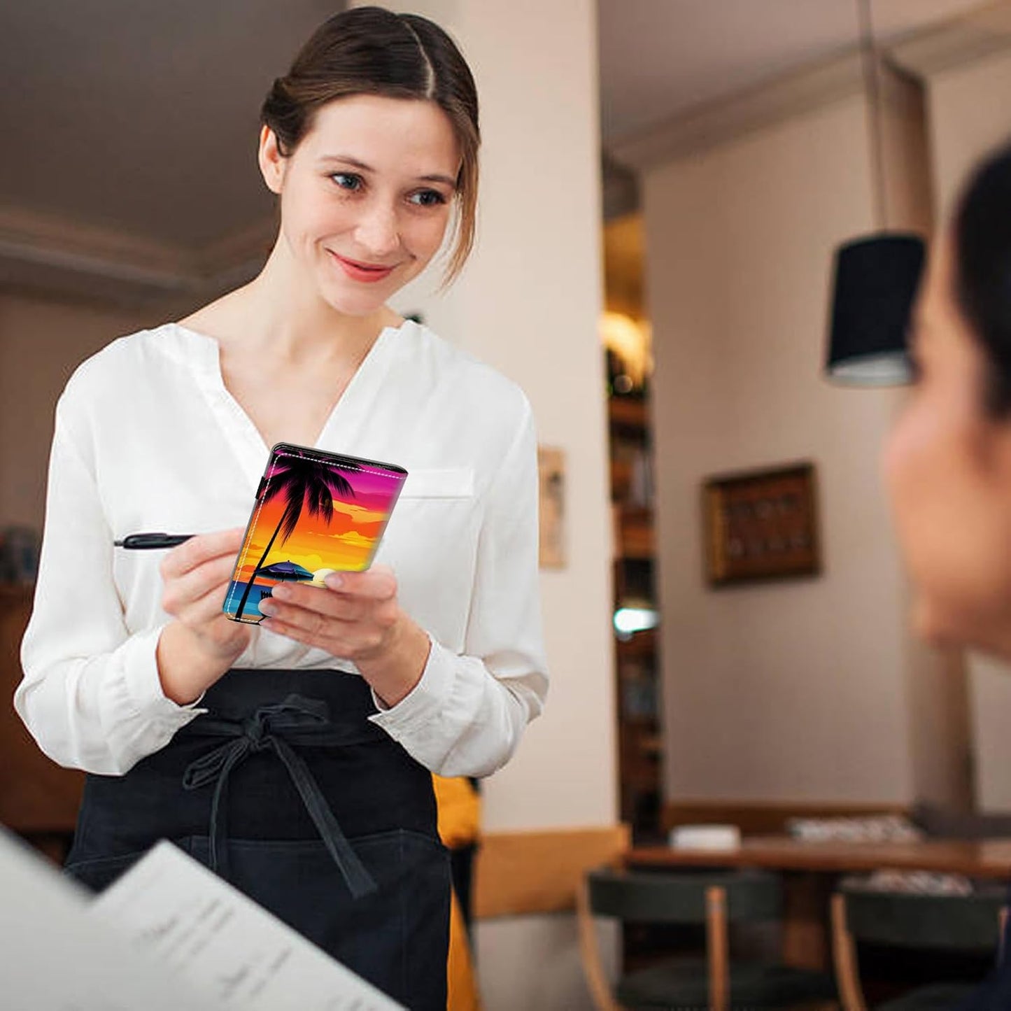 Server Book Organizer, Beach Palm Trees Server Books for Waitress, PU Leather Waiter Book Organizer with Zipper Pocket Guest Checks Books Holder for Restaurant Fit Server Apron