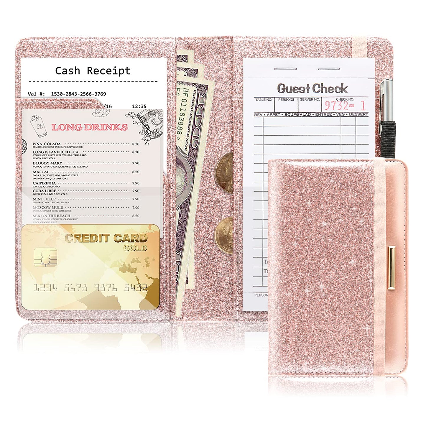 Server Books for Waitress - Leather Waitress Book Server Wallet with Elastic Bandage Closure - Organizer with Money Pocket Fit Server Apron - Sparkly Serving Accessory-Glitter Rose Gold