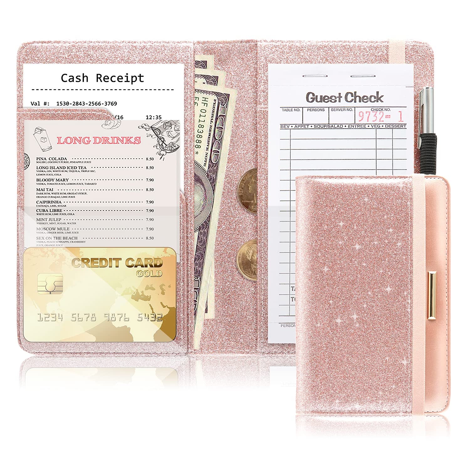 Server Books for Waitress - Leather Waitress Book Server Wallet with Elastic Bandage Closure - Organizer with Money Pocket Fit Server Apron - Sparkly Serving Accessory-Glitter Rose Gold