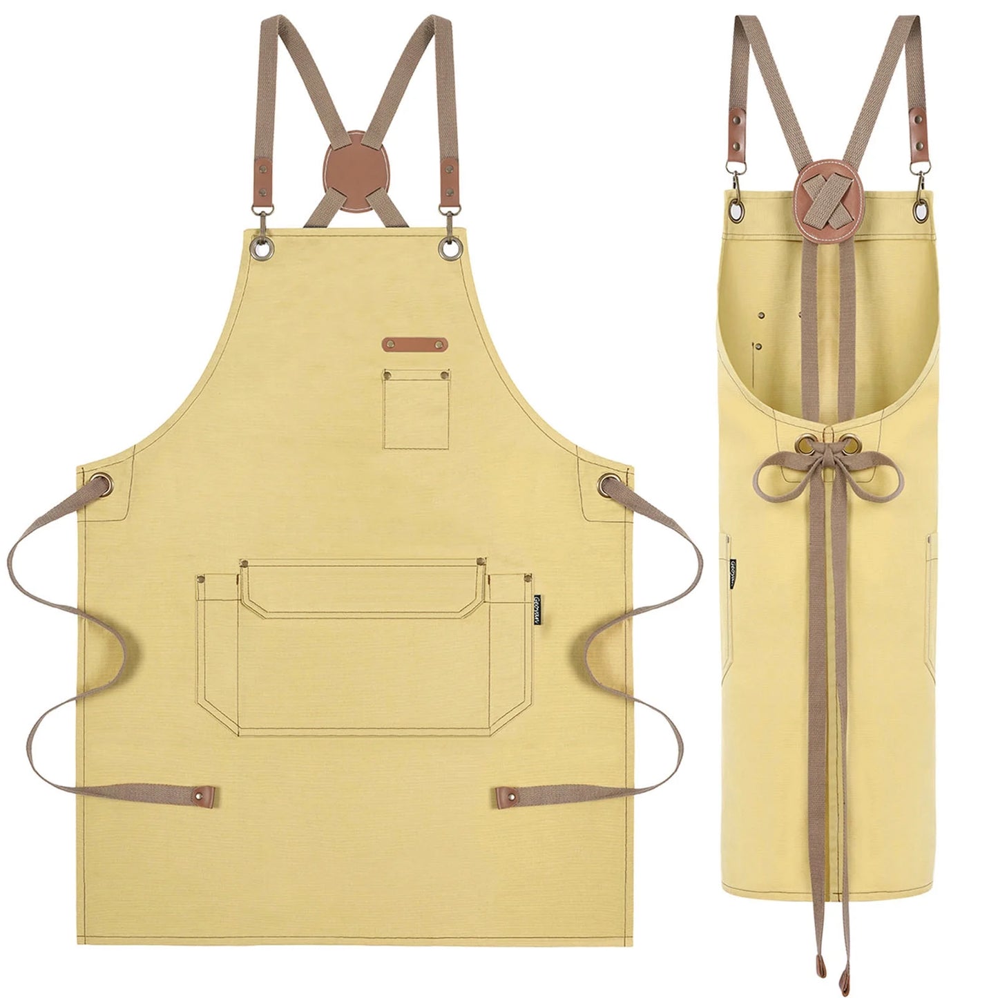 Canvas Work Apron for Artist Bartender Barista Carpenter Gardener Hairstylist, Cross Back Strap Adjustable for Men Women Apron with Large Pocket, Chef Apron for Kitchen Cooking Baking Grilling -Yellow