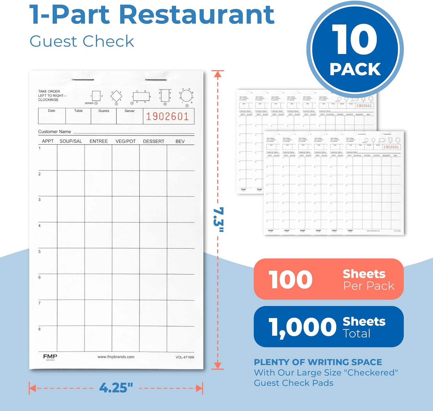 Server Note Pads Paper, Guest Check Books, Total 1000 Sheets, 10 Pads, 100 Sheets/Pad, Guest Check Pads, Order Pads for Servers, Waitress Notepads for Restaurant, Bar, Cafe, Diners