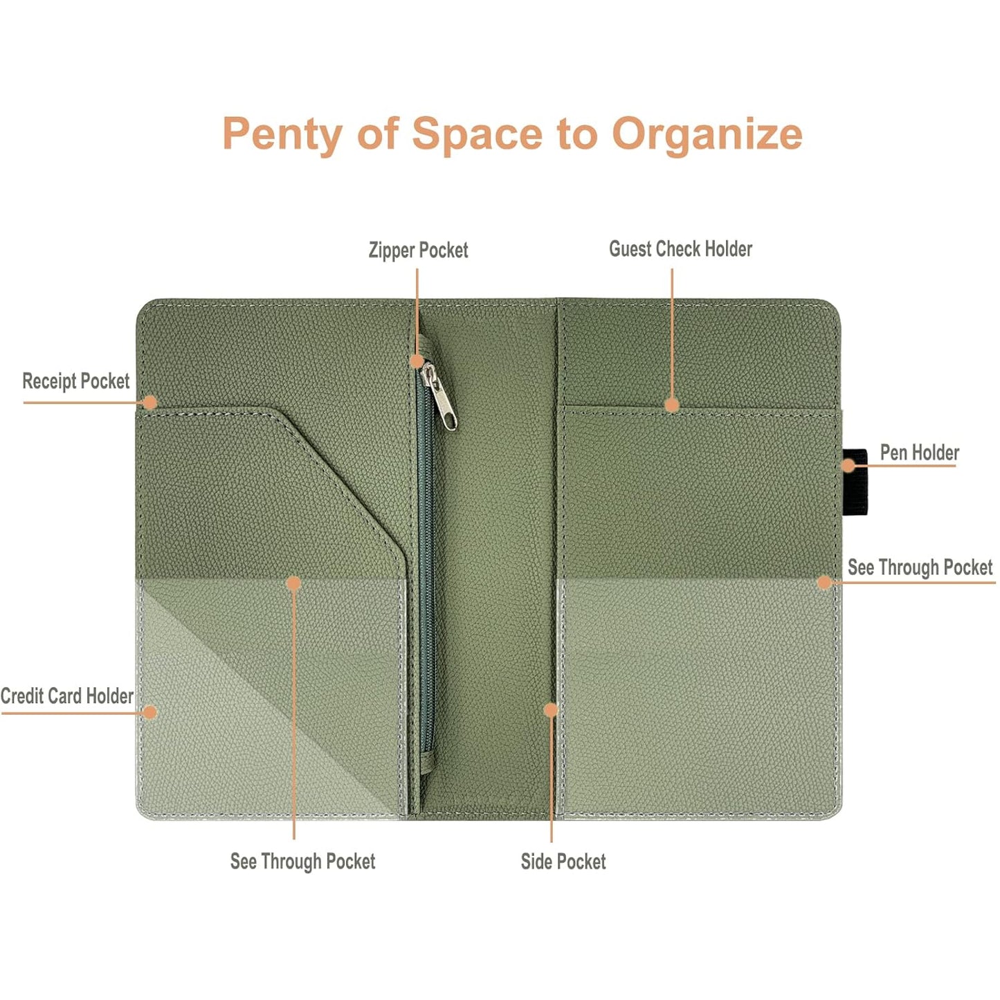 Server Book with Zipper Pocket, Premium Leather Server Books for Waitress, Waiter Wallet Waitress Book Fit Server Apron, Agave Green