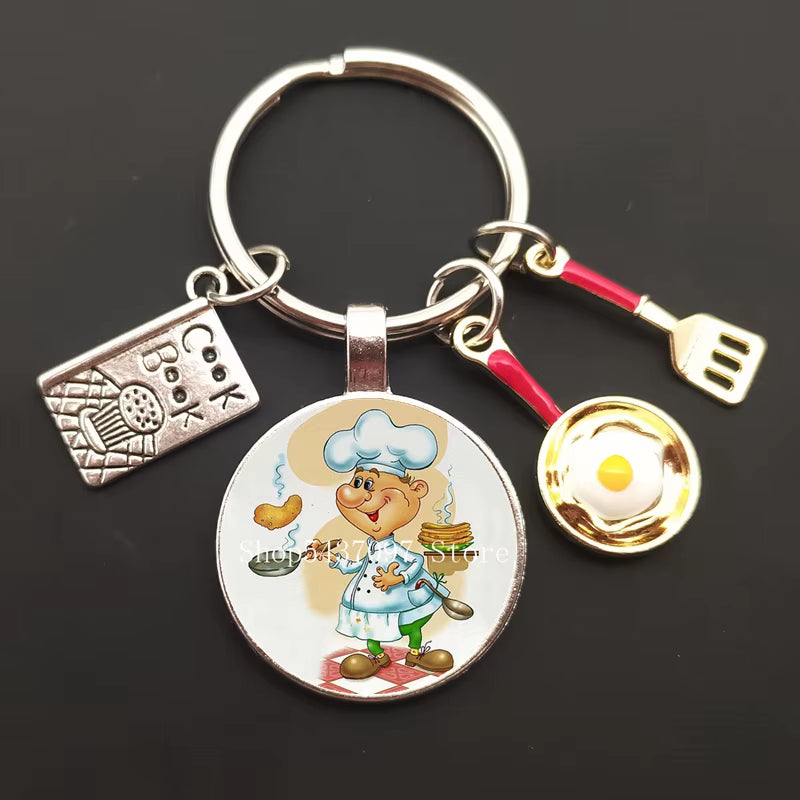 Cartoon Chef Glass Keychain Egg with Pot Keychain Chef Book Key Ring Chef Chef Baker Gift Chef Jewelry