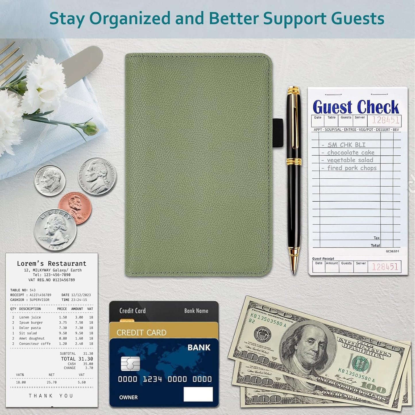 Server Book with Zipper Pocket, Premium Leather Server Books for Waitress, Waiter Wallet Waitress Book Fit Server Apron, Agave Green