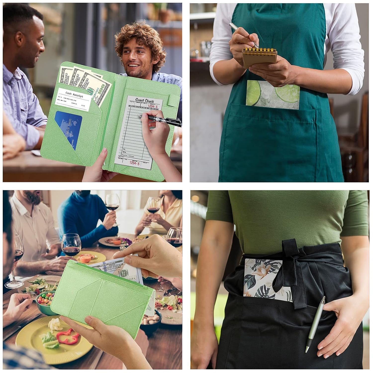 Server Book, PU Leather Server Books for Waitress, Waitress Book with 1 Zipper Pocket, Waiter Wallet with 9 Pockets and 1 Pen Holder, Server Note Pad Checkbook Fit Server Apron- Dinosaurs