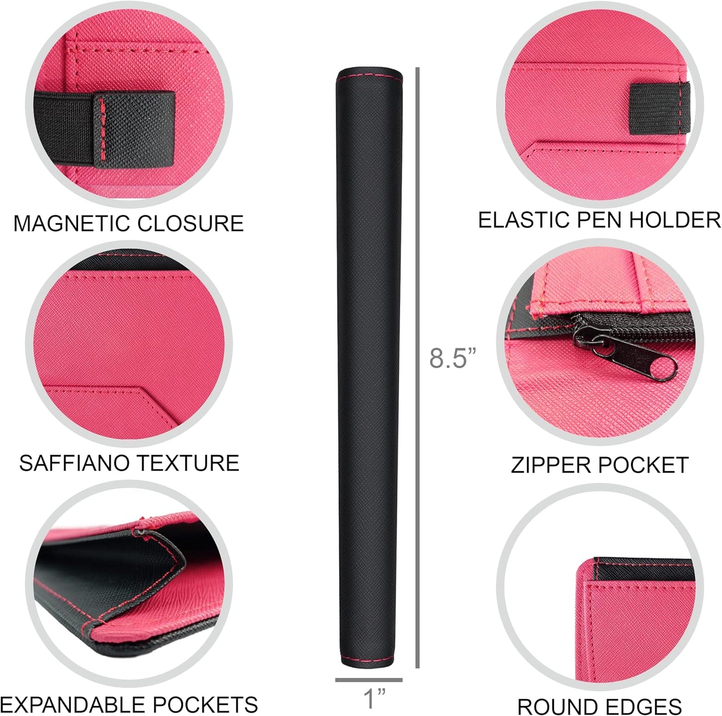 Server Book Pro, 2Nd Gen, with Expandable Pocket Double Magnet & Zipper Expandable Pocket (8.5 in X 5 In, Large Storage Capacity) - Black/Magenta