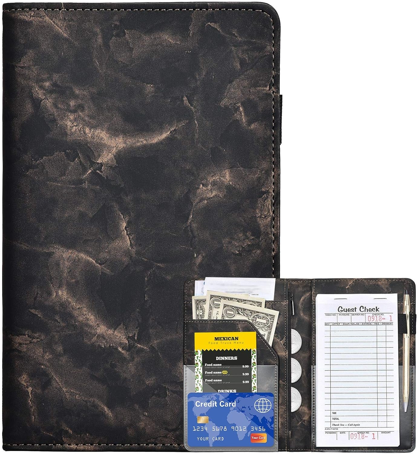Server Books for Waitress - Marble Texture Leather Waiter Book Server Wallet with Zipper Pocket, Cute Waitress Book&Waitstaff Organizer with Money Pocket Fit Server Apron