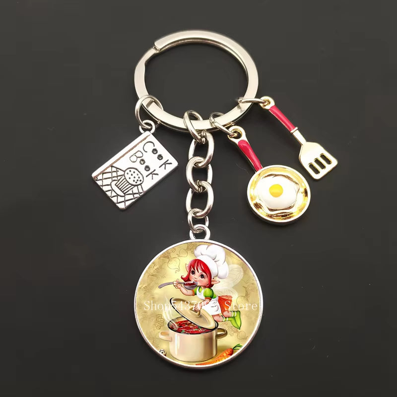 Cartoon Chef Glass Keychain Egg with Pot Keychain Chef Book Key Ring Chef Chef Baker Gift Chef Jewelry