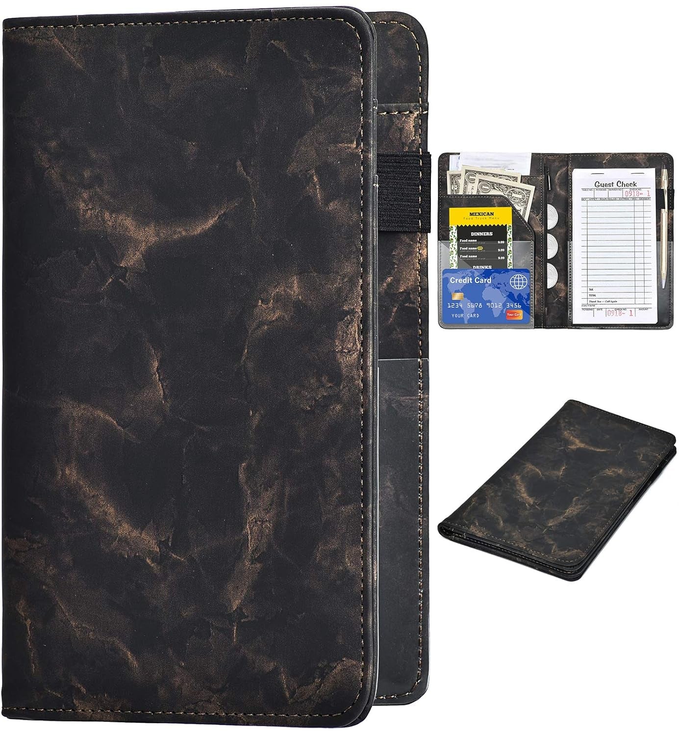 Server Books for Waitress - Marble Texture Leather Waiter Book Server Wallet with Zipper Pocket, Cute Waitress Book&Waitstaff Organizer with Money Pocket Fit Server Apron