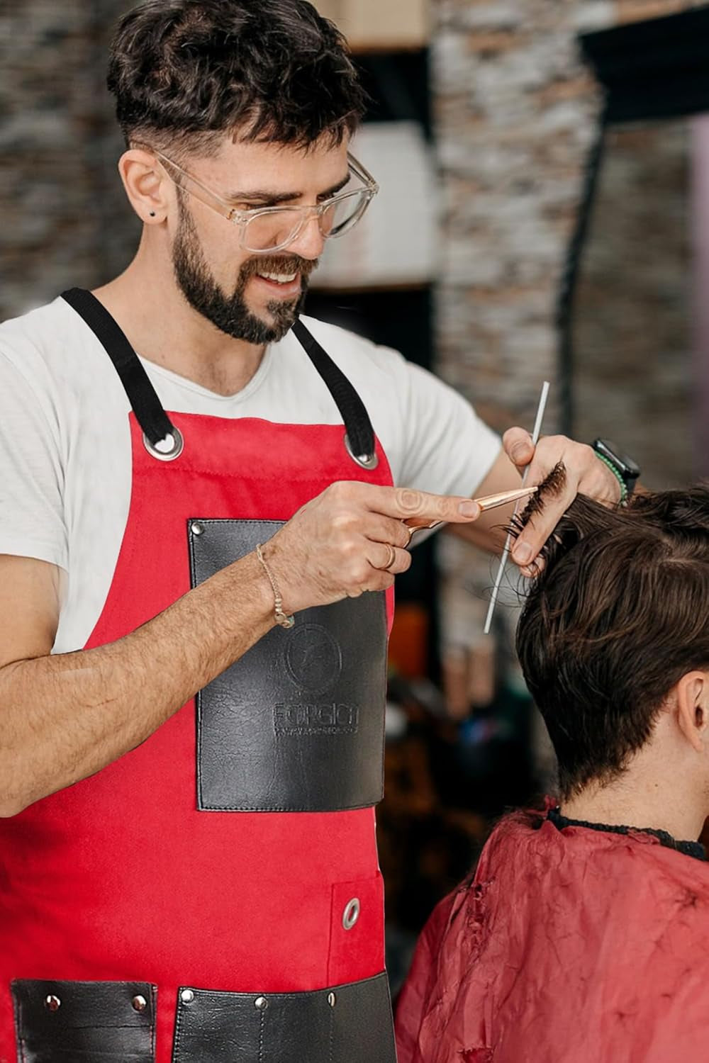 Professional Cotton Apron Hair Cutting Hairdressing Barber Apron Chef Apron for Men Women (Red)