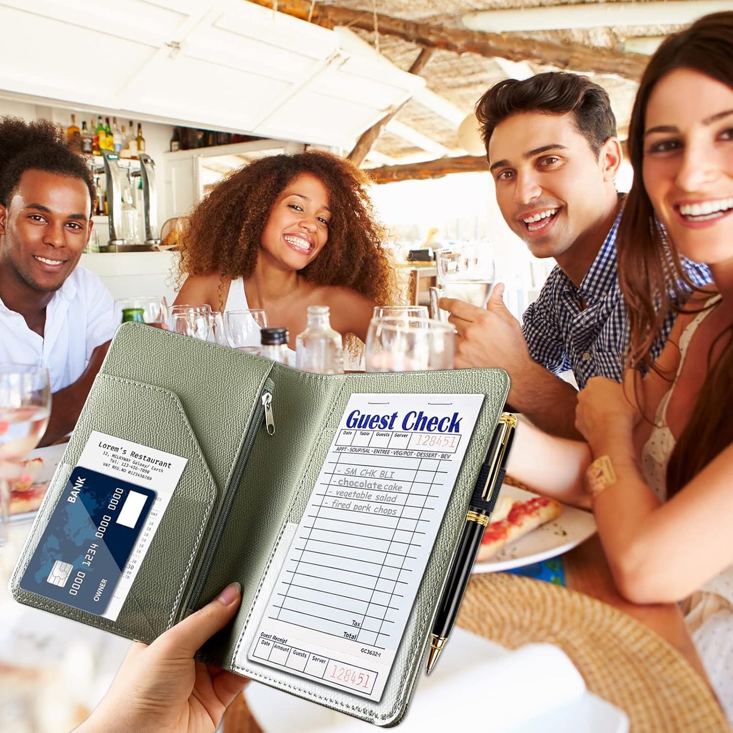 Server Book with Zipper Pocket, Premium Leather Server Books for Waitress, Waiter Wallet Waitress Book Fit Server Apron, Agave Green