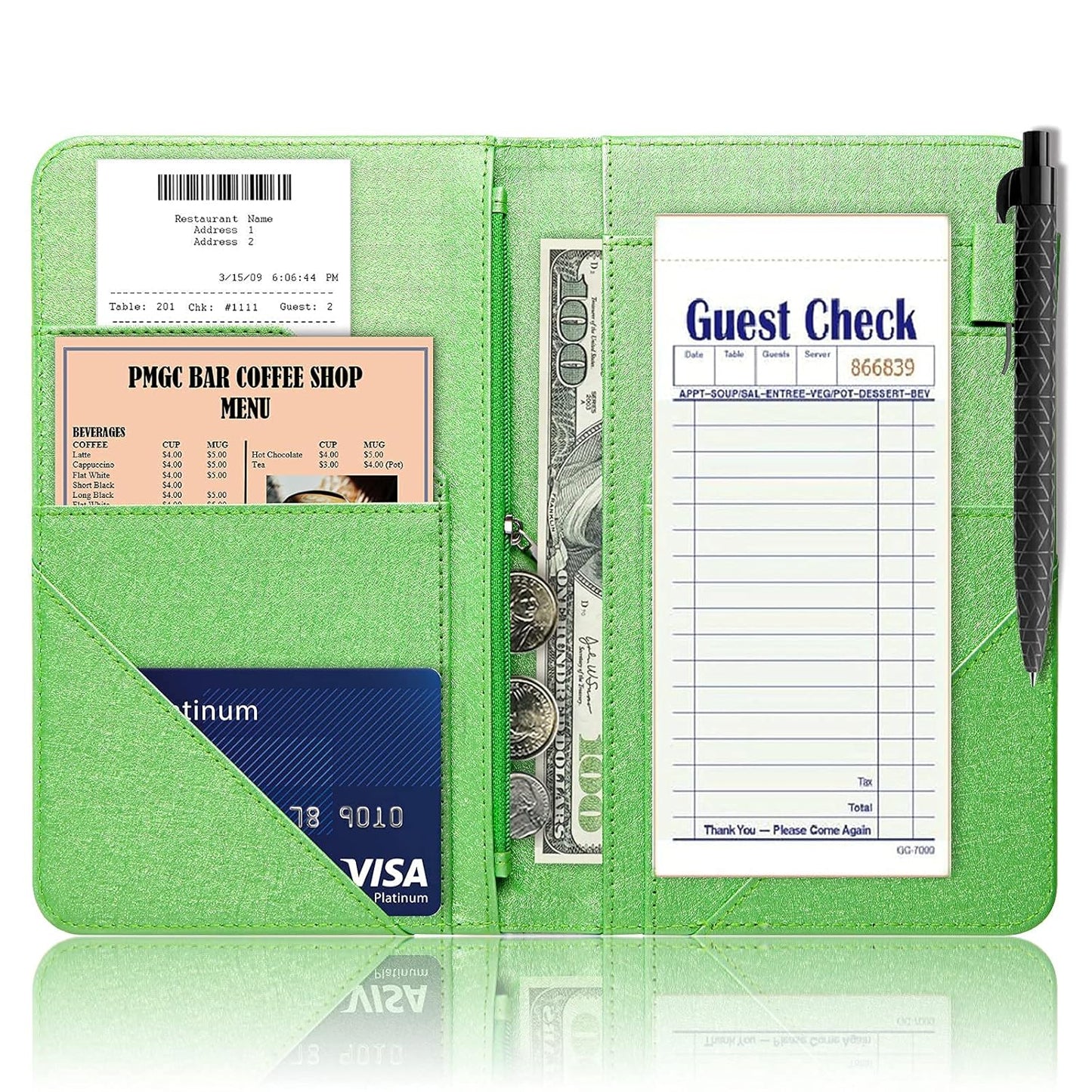 Server Book, PU Leather Server Books for Waitress, Waitress Book with 1 Zipper Pocket, Waiter Wallet with 9 Pockets and 1 Pen Holder, Server Note Pad Checkbook Fit Server Apron- Dinosaurs