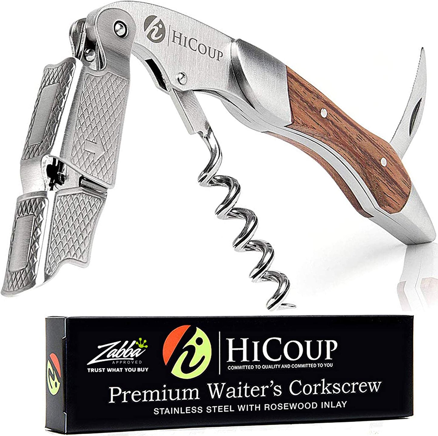Hicoup Wine Opener - Professional Corkscrews for Wine Bottles W/Foil Cutter and Cap Remover - Manual Wine Key for Servers, Waiters, Bartenders and Home Use - Stainless Steel with Rosewood