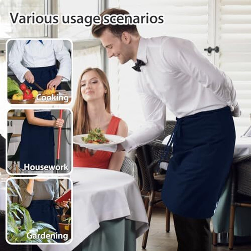 Long Server Apron Black with 3 Pockets Bistro 1 Pack(34X28 Inches) Navy Blue