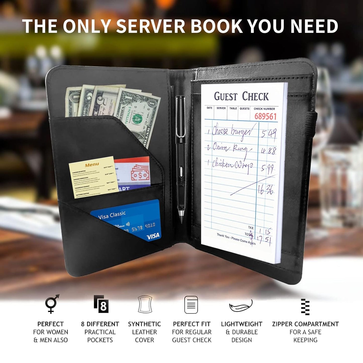Server Books for Waitress with Zipper Pocket - Leather Waiter Waitress Book Server Restaurant Guest Check Holder Presenter with Money Organizer Wallet Fit Serving Aprons, Glitter Dots