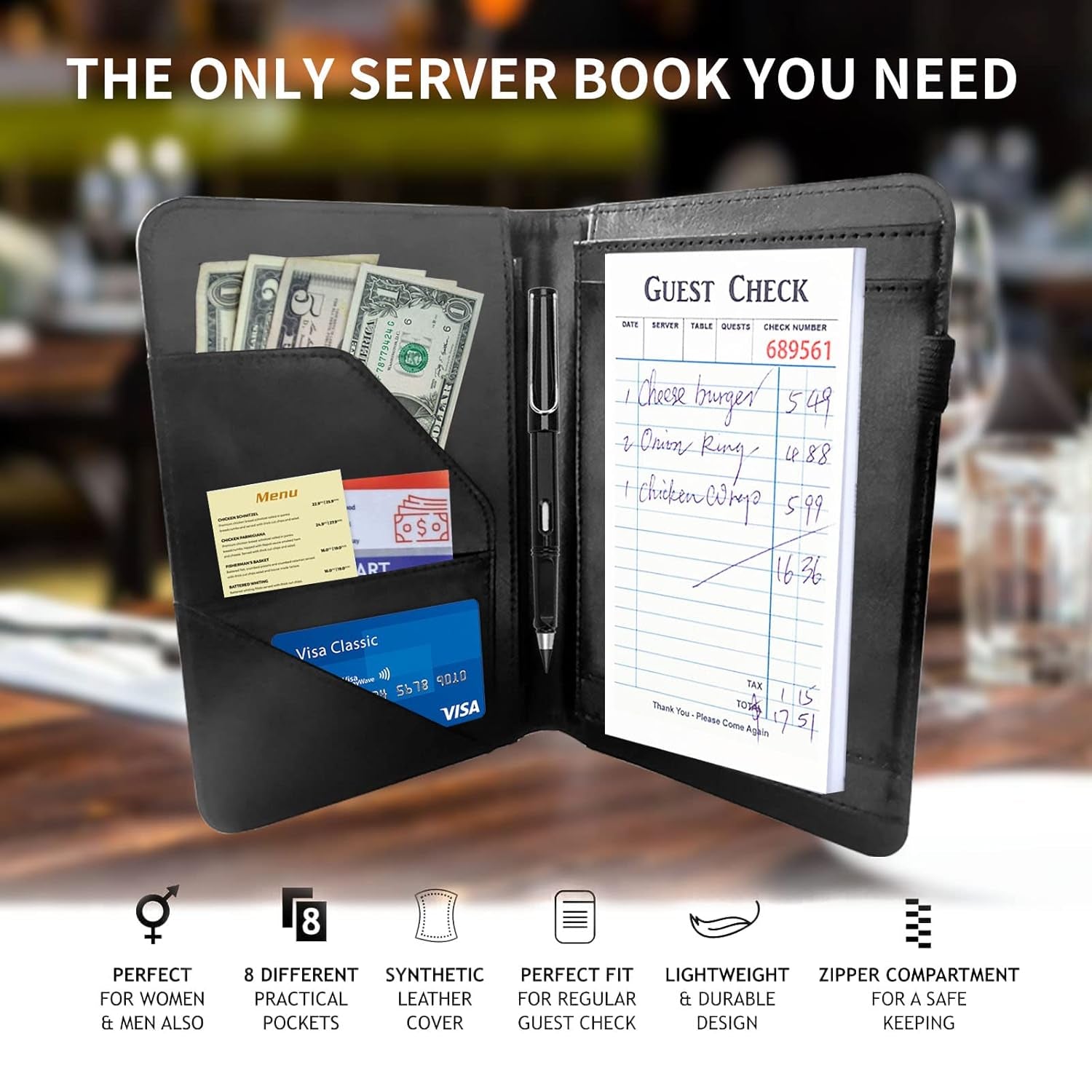 Server Books for Waitress with Zipper Pocket - Leather Waiter Waitress Book Server Restaurant Guest Check Holder Presenter with Money Organizer Wallet Fit Serving Aprons, Glitter Dots