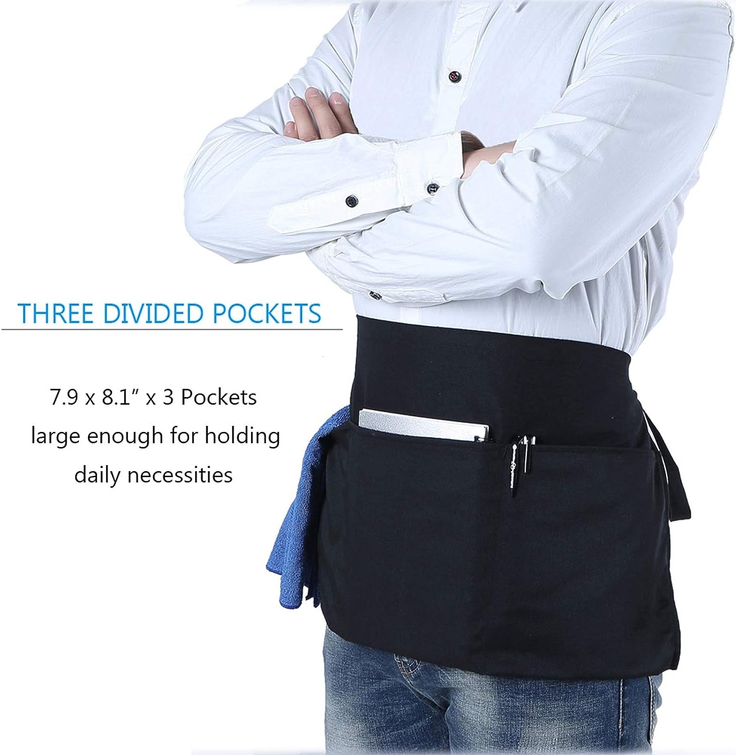 Waist Apron with 3 Pockets 12 Pack - Black Waitress Server Short Apron