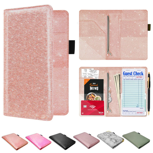 Server Book for Waitress–Pu Leather Waitress/Waiter Book W/ Zipper Pocket for Money/Coins, Serving Book Organizer Wallet W/ Pen Holder, Guest Check Presenters for Restaurant, Glitter Rose