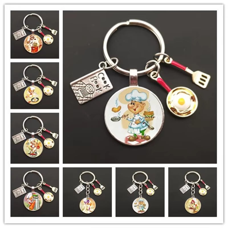 Cartoon Chef Glass Keychain Egg with Pot Keychain Chef Book Key Ring Chef Chef Baker Gift Chef Jewelry